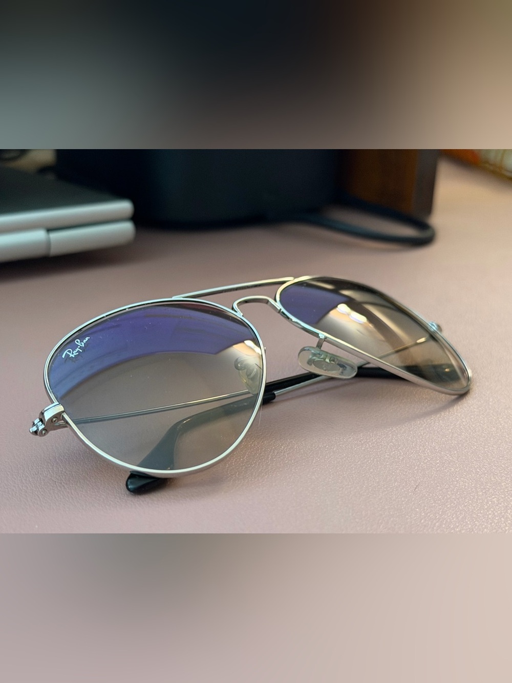 Ray-Ban Silver Aviator Sunglasses with Gradient Blue Lenses